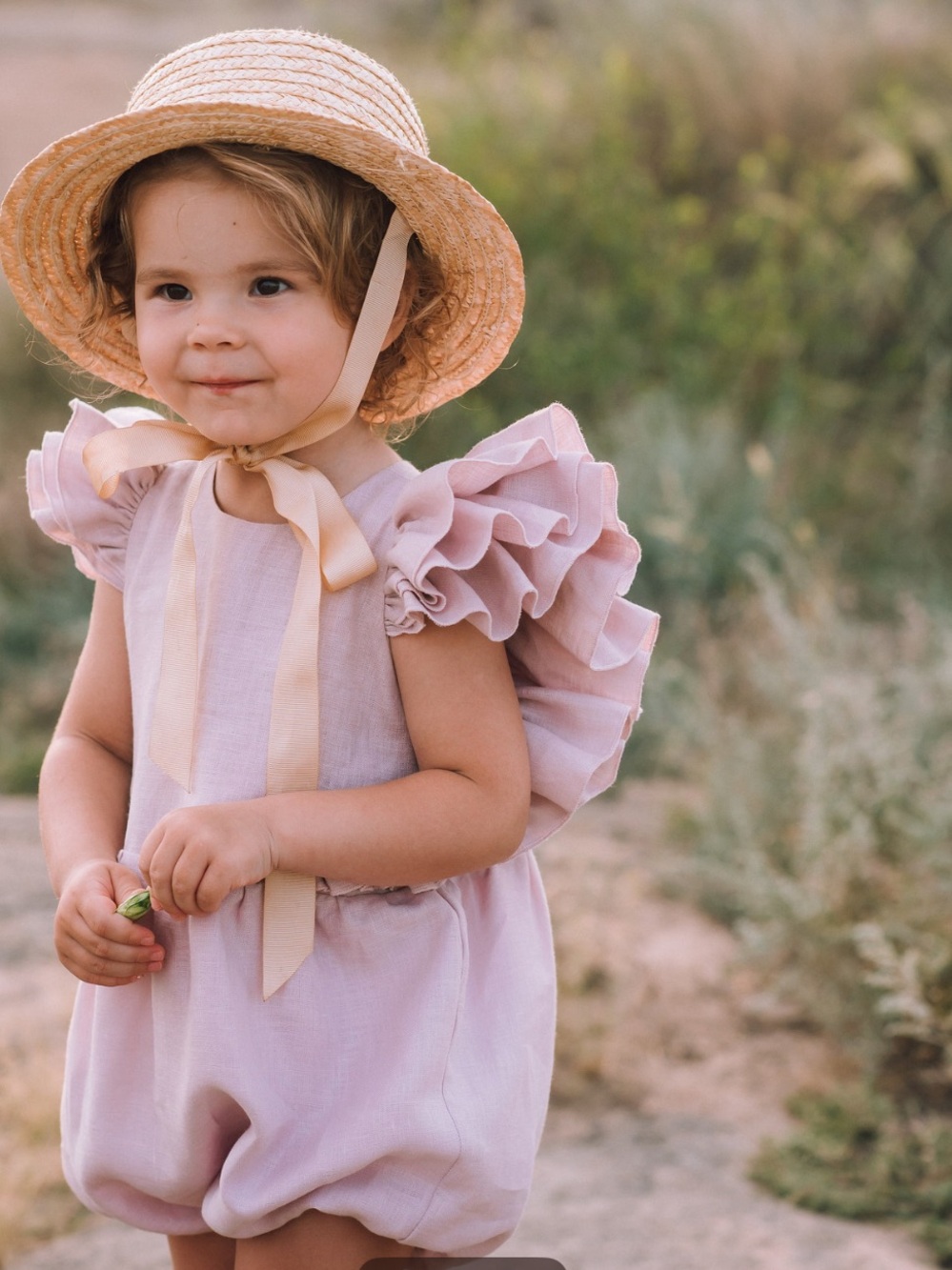 Dusty Rose Linen Baby Romper with Ruffle Shoulders